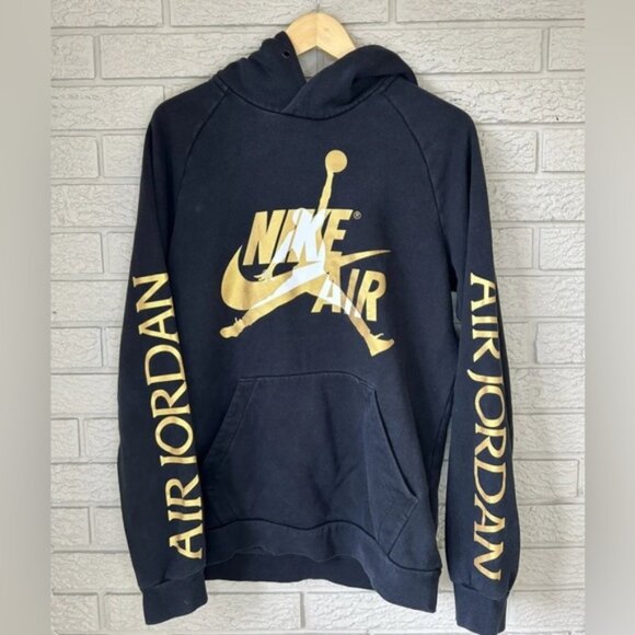 Nike Air Jordan Retro Y2K Vintage Logo Black Gold Pullover Hoodie Sweatshirt - Picture 2 of 10